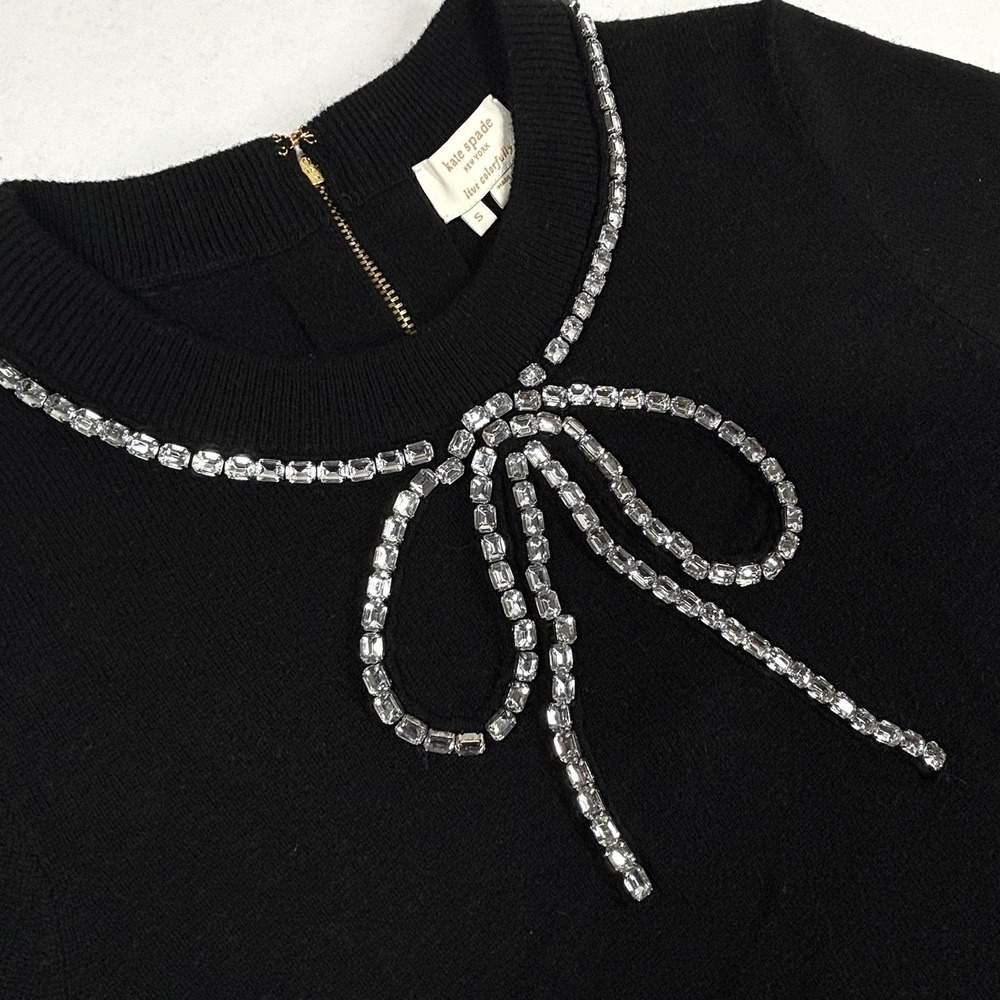 Kate Spade Pearl‎ Rhinestone Bow Jewel Sweater Womens Small Black Wool Cashmere